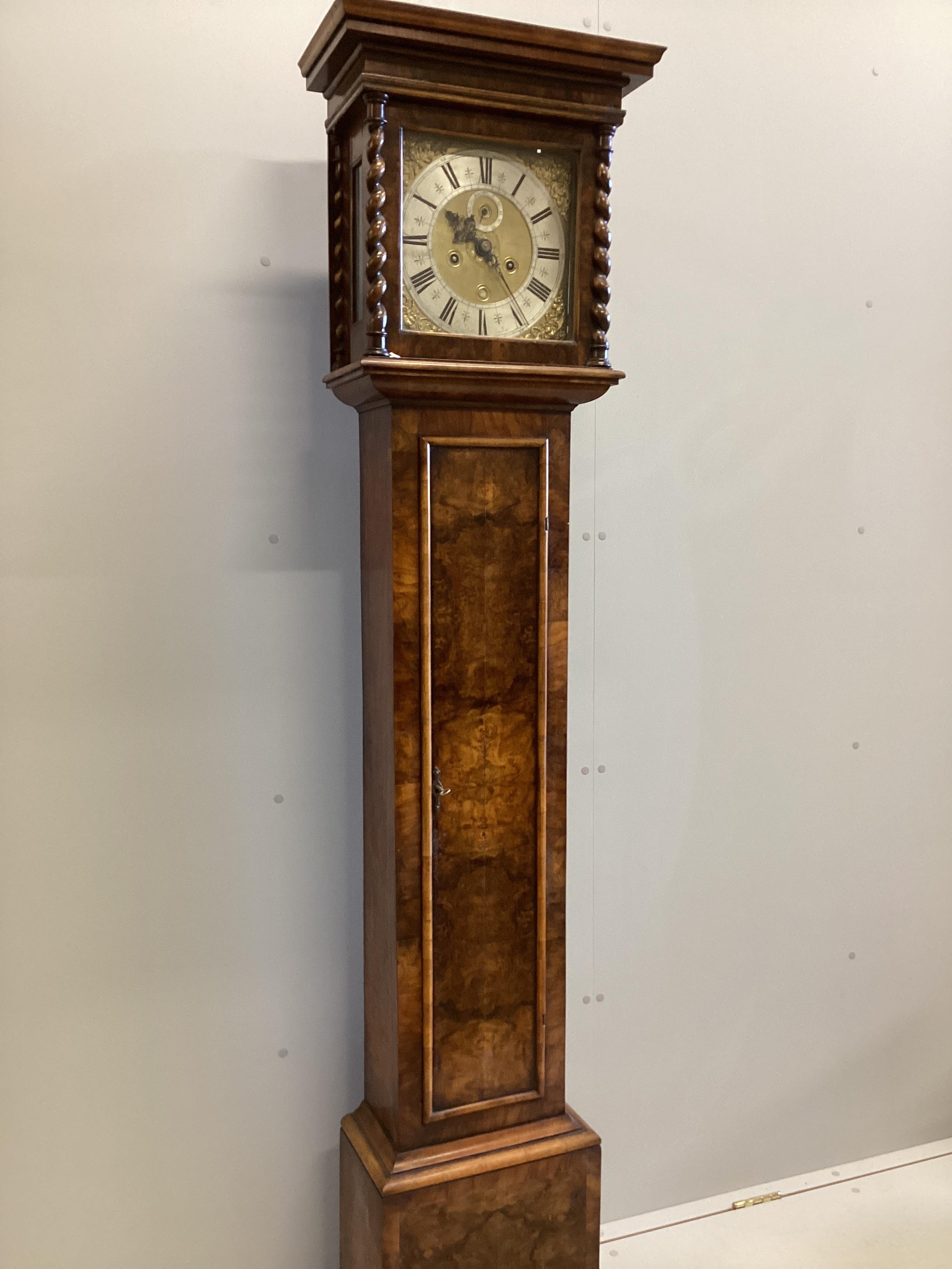 John Billie, London. An 18th century eight day 11 inch longcase clock dial, with subsidiary seconds and date aperture, later figured walnut case, height 201cm.